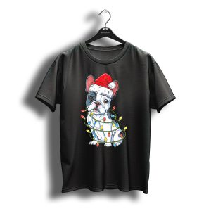 French Bulldog Wrapped In Christmas Lights With Santa Hat T-Shirt