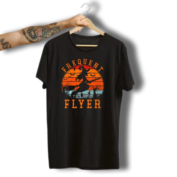 Frequent Flyer Witch Silhouette Halloween Bats And Graveyard Scene T Shirt 1 t shirt 1