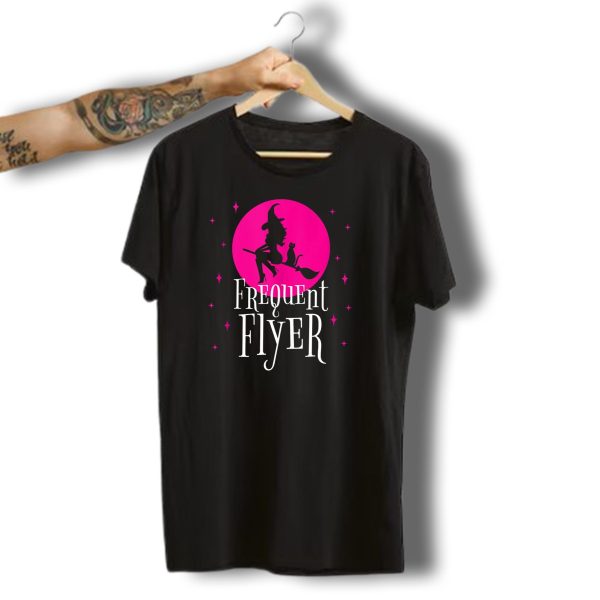 Frequent Flyer Witch With Cat On Pink Moon Halloween Womens Girls T Shirt t shirt 1