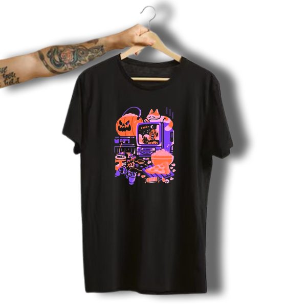 Friday Night Frights 1000 Dead Draculas Halloween Gaming Popcorn Pumpkin Cat T Shirt t shirt 1