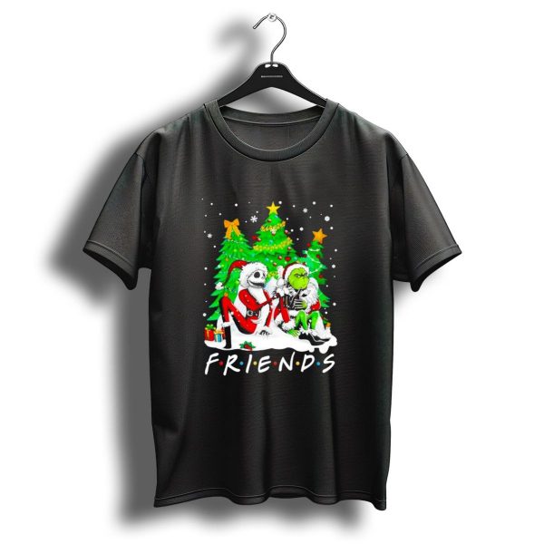 Friends Jack Skellington And Grinch Christmas Scene With Santa Outfits And Christmas Trees T Shirt 1 t shirt 1