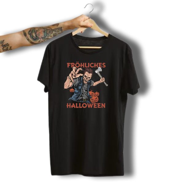 FroIaHliches Halloween Skull Monster With Axe And Pumpkins T Shirt t shirt 1