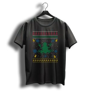 Frog Knitted Festive Ugly Christmas Sweater Style With Reindeer Snowflakes And Bells T Shirt