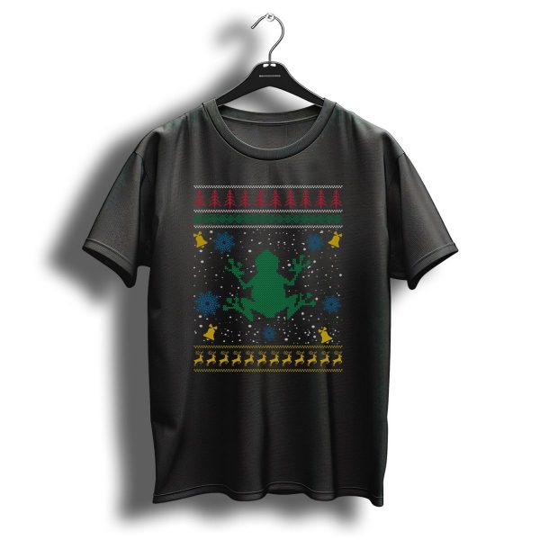 Frog Knitted Festive Ugly Christmas Sweater Style With Reindeer Snowflakes And Bells T Shirt 1 t shirt 1