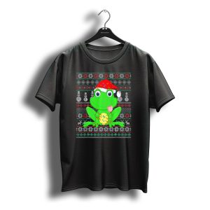 Frog Wearing Santa Hat Ugly Christmas Sweater With Snowmen And Reindeer T-Shirt