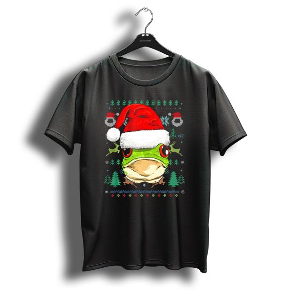 Frog Wearing Santa Hat With Ugly Christmas Sweater Pattern And Reindeer T Shirt 1 t shirt 1