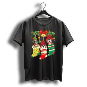Funny Boxer Christmas Socks With Cute Dog Hanging In Festive Stockings T-Shirt