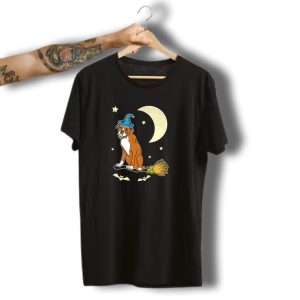 Funny Boxer Dog Halloween Riding Broom Under Moon And Stars T-Shirt