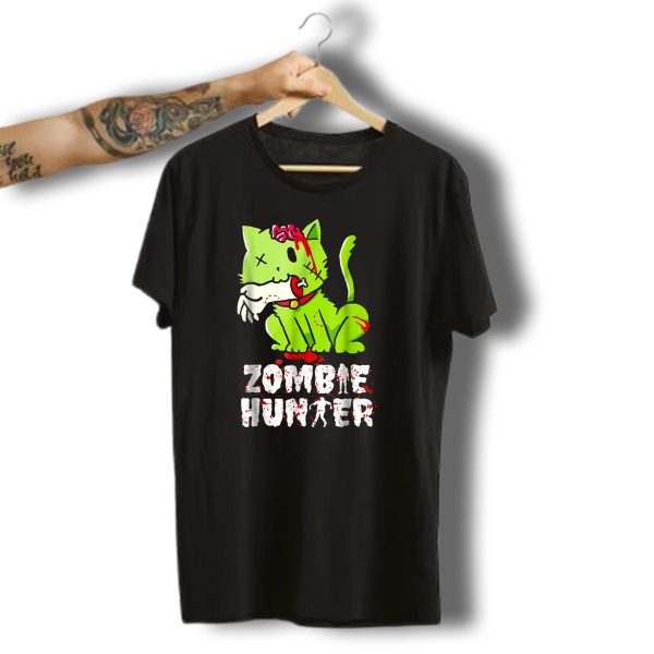 Funny Cat Zombie Hunter Halloween With Zombie Cat T Shirt t shirt 1
