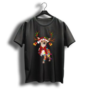 Funny Chihuahua Reindeer With Christmas Lights And Santa Hat T-Shirt