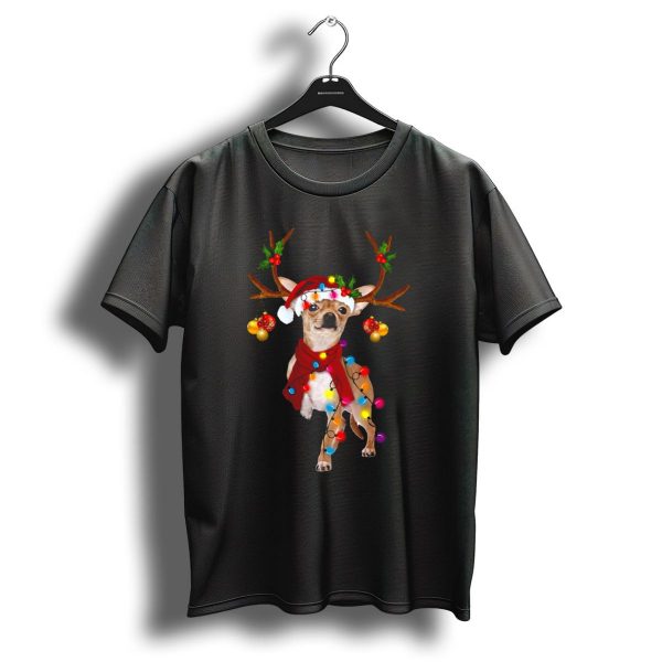 Funny Chihuahua Reindeer With Christmas Lights And Santa Hat T Shirt 1 t shirt 1