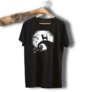 Funny Chihuahua Silhouette On Curved Hill With Moon And Halloween T-Shirt