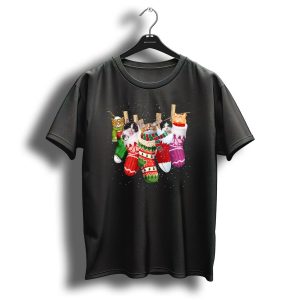 Funny Christmas Cat Meme Stocking Lineup T-Shirt