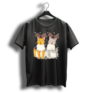 Funny Christmas Cat Reindeer With Snowflakes T-Shirt