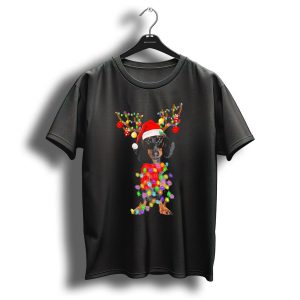 Funny Christmas Dachshund Wrapped In Reindeer Antlers And Holiday Lights T-Shirt