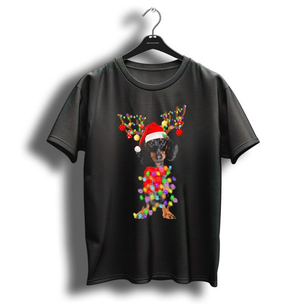 Funny Christmas Dachshund Wrapped In Reindeer Antlers And Holiday Lights T Shirt 1 t shirt 1