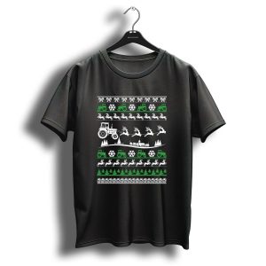Funny Christmas Farmer Tractor Reindeer Snowflakes Trees T-Shirt