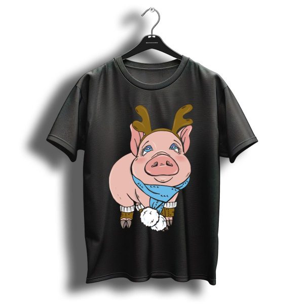 Funny Christmas Pig Reindeer Antlers And Scarf T Shirt 1 t shirt 1