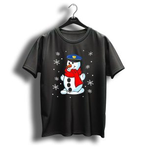 Funny Christmas Police Officer Snowman With Blue Hat And Red Scarf Surrounded By Snowflakes T-Shirt