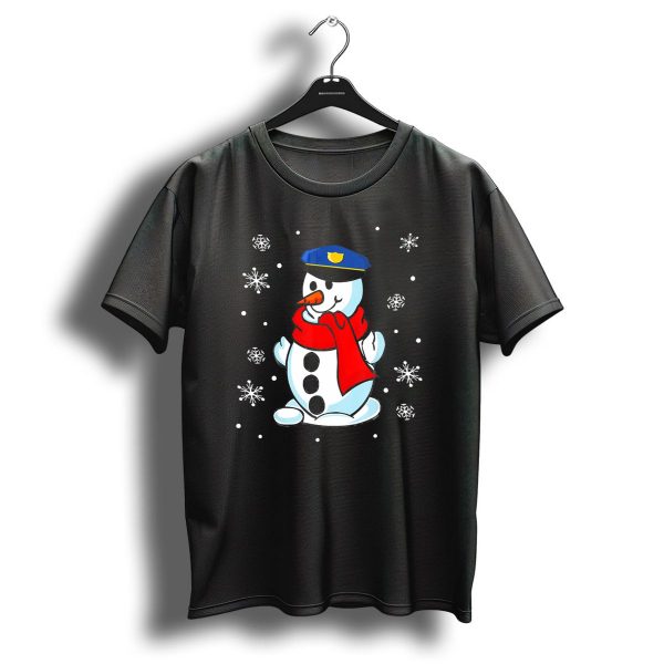 Funny Christmas Police Officer Snowman With Blue Hat And Red Scarf Surrounded By Snowflakes T Shirt 1 t shirt 1