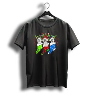 Funny Christmas Poodles In Green Red Blue Socks T-Shirt