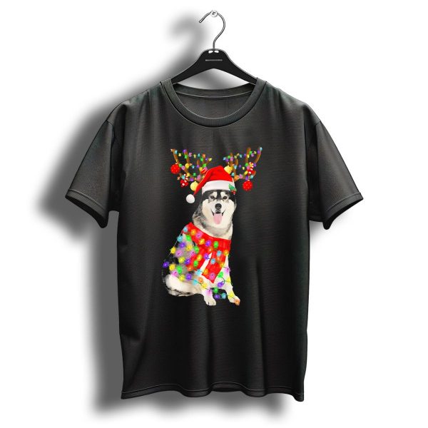 Funny Christmas Siberian Husky Reindeer With Santa Hat And Colorful Holiday Lights T Shirt 1 t shirt 1
