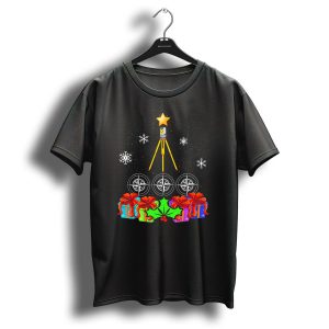 Funny Christmas Tree With Survey Equipment And Holiday Decorations T-Shirt