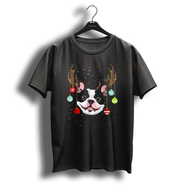 Funny Cute Dog Frenchie With Christmas Antlers And Ornaments T Shirt 1 t shirt 1