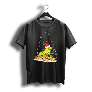 Funny Cute Iguana Christmas Light Santa Hat Snowflakes T-Shirt