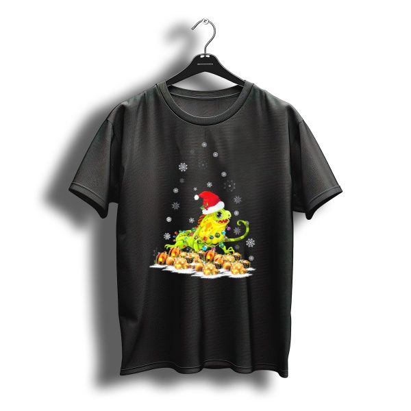 Funny Cute Iguana Christmas Light Santa Hat Snowflakes T Shirt t shirt 1
