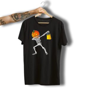 Funny Dabbing Skeleton With Pumpkin Head And Candy Bag For Halloween Kids T-Shirt