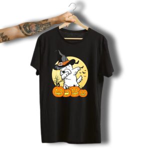 Funny Dabbing Westie Witch With Pumpkins And Bats Halloween Dog Dance T-Shirt