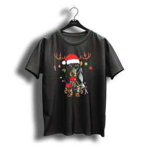 Funny Dachshund Christmas Reindeer Light Festive Holiday Puppy With Santa Hat T-Shirt