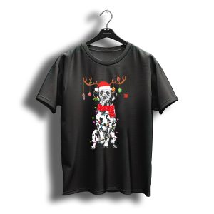 Funny Dalmatian Christmas Reindeer Light Santa Hat Festive T-Shirt