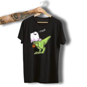 Funny Dinosaur Dressed As Halloween Ghost With Boo Text And Pumpkin T-Shirt