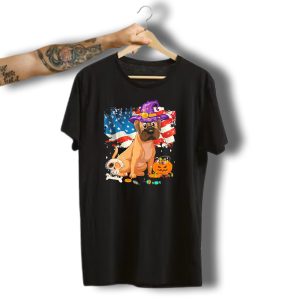 Funny English Mastiff Dog With Witch Hat And Halloween Candy On American Flag T-Shirt