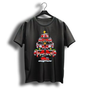 Funny Firefighter Car Christmas Tree Fir With Fire Trucks And Holiday Decorations T-Shirt