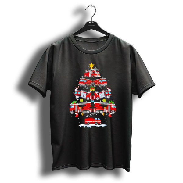 Funny Firefighter Car Christmas Tree Fir With Fire Trucks And Holiday Decorations T Shirt 1 t shirt 1