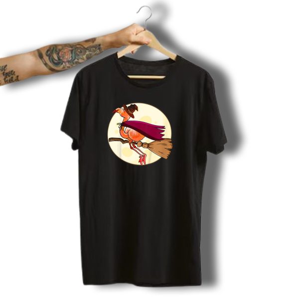 Funny Flamingo Witch Halloween Costume Colorful Lovers Broomstick Moon Hat T Shirt t shirt 1