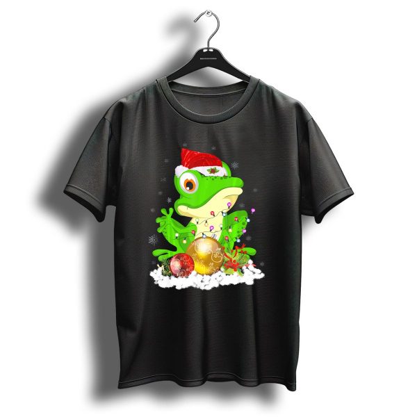 Funny Frog Xmas Santa Hat With Christmas Lights And Ornaments T Shirt 1 t shirt 1