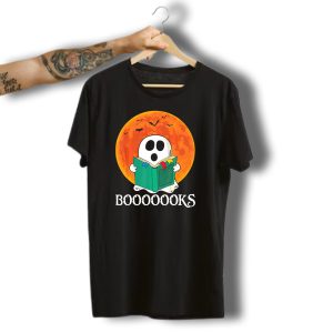Funny Halloween Booooks Cute Ghost Reading With Full Moon And Bats T-Shirt