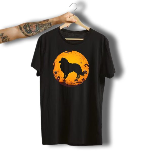 Funny Halloween Costume Sheltie Dog Silhouette With Pumpkins And Spooky Night Background T Shirt t shirt 1