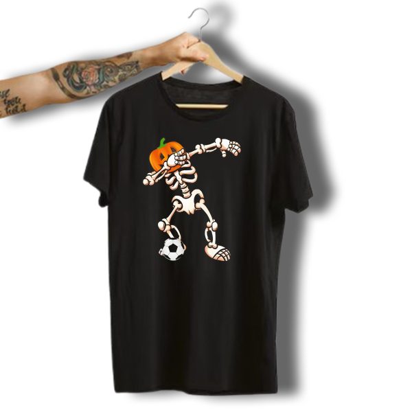 Funny Halloween Dabbing Skeleton Pumpkin Head With Soccer Ball T Shirt t shirt 1 1
