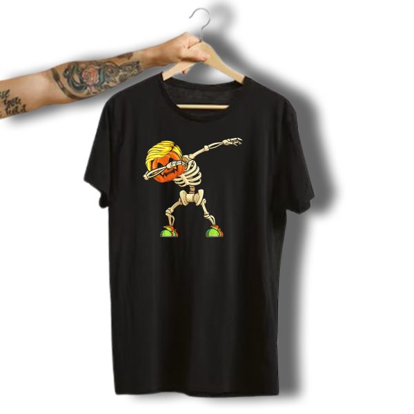 Funny Halloween Dabbing Skeleton Pumpkin With Golden Hair And Colorful Sneakers T Shirt t shirt 1 1