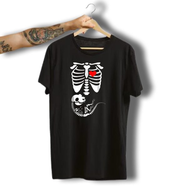 Funny Halloween Dinosaur Skeleton Pregnancy Ribcage With Red Heart T Shirt t shirt 1