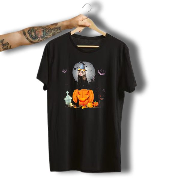 Funny Halloween Ferret With Pumpkin And Witch Hat T Shirt t shirt 1