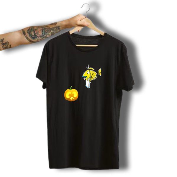 Funny Halloween Fish Eats A Pumpkin With Silly Expressions T Shirt t shirt 1 1