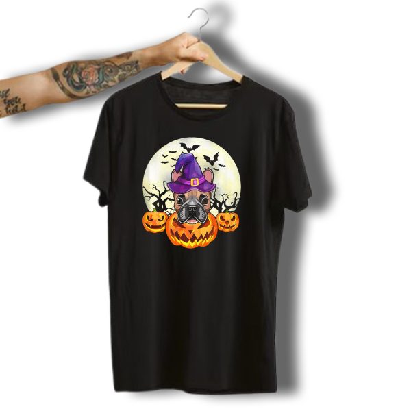Funny Halloween French Bulldog With Witch Hat And Pumpkins T Shirt t shirt 1 1