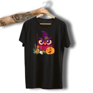 Funny Halloween Owl Witch Hat Broomstick Pumpkin Skull T-Shirt