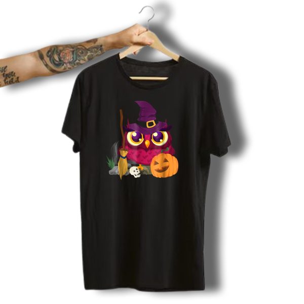 Funny Halloween Owl Witch Hat Broomstick Pumpkin Skull T Shirt t shirt 1